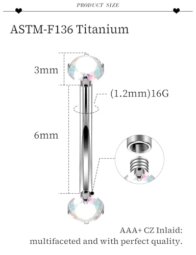 16G Astm F136 Titanium Eyebrow Piercing Jewelry Curved Barbell Eyebrow Ring Vertical Labret Lip Jewelry Daith Rook Earrings Navel Small Belly Button Ring Piercing Jewelry for Women Men CZ - style: 16G, 6MM Length, AB CZ