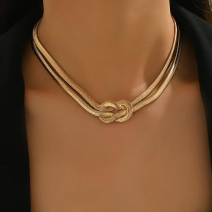 Silver Tone Double Chain Snake Knot Choker Necklace for Women, Adjustable Mesh Layered Jewelry Set - color: White K