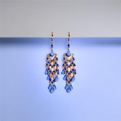 Essencedelight Crystal Beaded Tassel Earring Long Beaded Dangle Earring Fringe Hook Earring for Women Bridal Wedding - color: blue