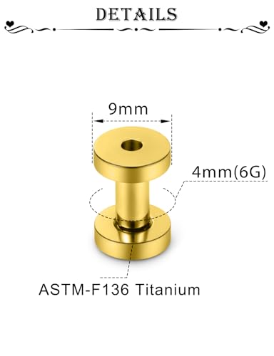 Astm F136 Titanium Ear Gauges Screw Fit Flesh Tunnels Plugs Gauges Earring Expander Stretcher Ear Tunnels For Ears 10G 8G 6G 4G 2G 0G 00G Plug Earrings Body Piercing Jewelry For Women Men - color: 6G Tunnels, Gold