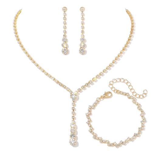Bride Silver Bridal Necklace Earrings Set Crystal Wedding Jewelry Set Rhinestone Choker Necklace for Women and Brides - color: D Gold