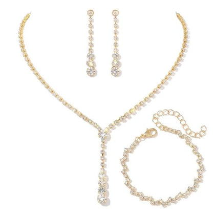 Bride Silver Bridal Necklace Earrings Set Crystal Wedding Jewelry Set Rhinestone Choker Necklace for Women and Brides - color: D Gold