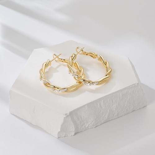 ENROSE Gold Hoop Earrings 14K Gold Earring for Women | Twisted Gold Hoop Earrings Minimalist Diamond Earring Jewelry 29mm*4mm - style: C-GD