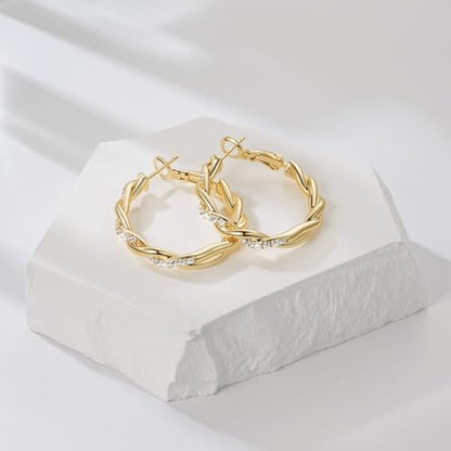ENROSE Gold Hoop Earrings 14K Gold Earring for Women | Twisted Gold Hoop Earrings Minimalist Diamond Earring Jewelry 29mm*4mm - style: C-GD