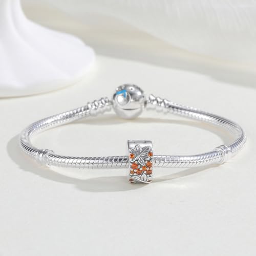 KEQ Clip Spacer Charm for Bracelet 925 Silver Pave Cubic Zirconia Clip Lock Stopper Bead Spacer For Women Bracelets Stopper Birthday Gifts European Openable Beads 2pcs - color: Fall maple leaves