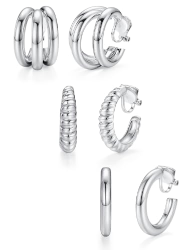 Giovanchi 3Pairs Clip on Earrings for Women with Non-Pierced Ears - Trendy Hypoallergenic 14K Gold Plated Chunky Tube Croissant Waterdrop Clip on Hoop Earrings - style: D-Silver