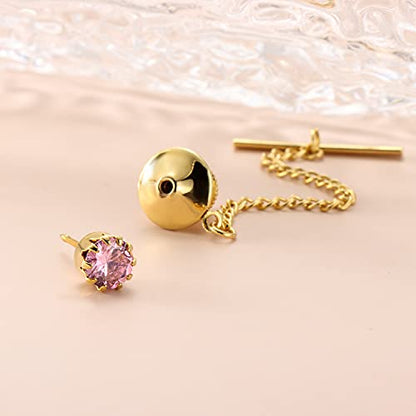 HAWSON Mens Tie Tack with Chain Round Crystal Wedding Business Accessories - color: Gold + Violet