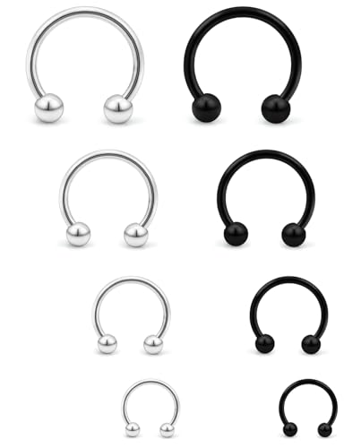16PCS 16G Multiple Different Sizes Horseshoe Barbell Surgical Steel Nose Septum Rings Hoop Daith Earring Eyebrow Helix Vertical Lip Piercing Jewelry for Women Men - color: 8pcs,16g,silvertone+black