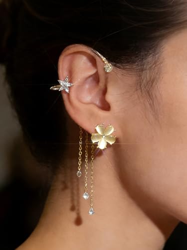 2PCS Flower Tassel Zircon Earrings Ear Cuffs No Piercing Flower Climber Wrap Around Earrings Pearl Drop Earrings for Women Fairy Ear Clip Dainty Wedding Earrings for Brides - color: Style 3- Gold