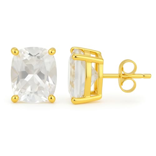Women's 18K Gold Plated 8x10mm Princess Cut Gemstone Stud Earrings – Birthstone Jewelry for Her – Classic Cushion Studs - color: White Quartz