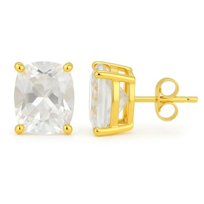 Women's 18K Gold Plated 8x10mm Princess Cut Gemstone Stud Earrings – Birthstone Jewelry for Her – Classic Cushion Studs - color: White Quartz