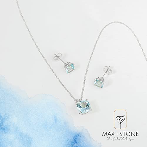 MAX + STONE 14k Gold Plated or Sterling Silver Cushion Cut Gemstone Stud Earrings and Pendant Necklace for Women with 6mm and 8mm Birthstones 18 Inch Chain and Push Backs Jewelry Set - style: Sterling Silver|Genuine Swiss Blue Topaz