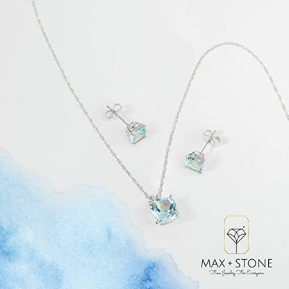 MAX + STONE 14k Gold Plated or Sterling Silver Cushion Cut Gemstone Stud Earrings and Pendant Necklace for Women with 6mm and 8mm Birthstones 18 Inch Chain and Push Backs Jewelry Set - style: Sterling Silver|Genuine Swiss Blue Topaz