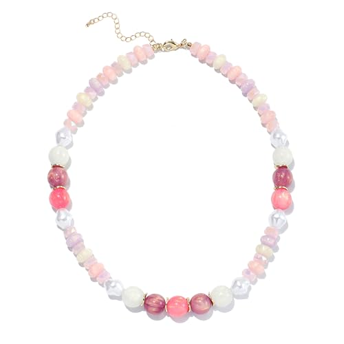 RISHEGAE Chunky Beaded Necklace for Women Boho Resin Beaded Choker Necklace Adjustable Surfer Beach Strand Necklaces Gold Handmade Acrylic Beads Jewelry Gift for Women - color: Style 2pink