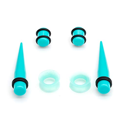 50-Piece Ear Gauges Stretching Kit, 14G-00G | Acrylic tapers and plugs with soft silicone tunnels, body piercing jewelry for women and men - color: Turquoise
