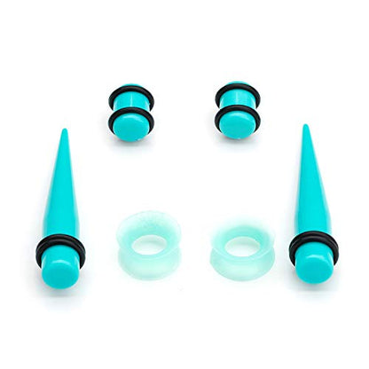 50-Piece Ear Gauges Stretching Kit, 14G-00G | Acrylic tapers and plugs with soft silicone tunnels, body piercing jewelry for women and men - color: Turquoise