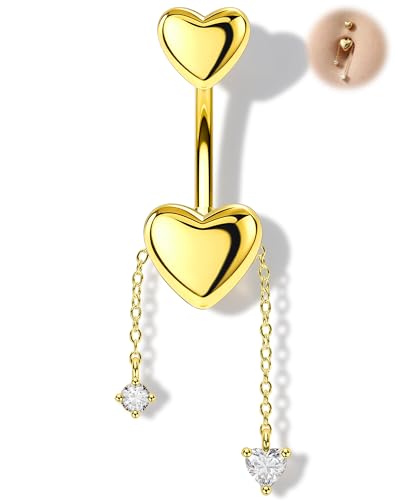 Melighting 14G Gold Belly Button Ring Dangle Chain, 10 mm Stainless Steel Belly Piercing Jewelry with CZ Heart Star Design, Cute Silver Navel Ring for Beach Daily Wear Women - color: Gold Heart