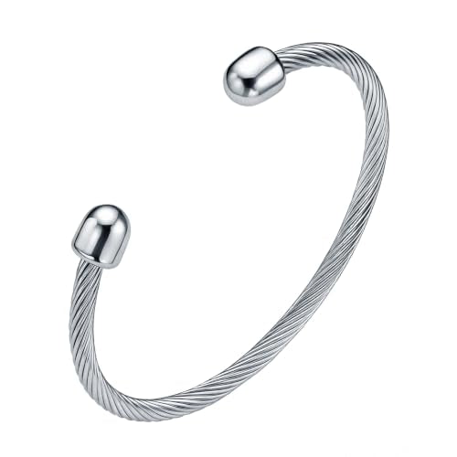 Dainty Stainless Steel Twisted Cable Wire Bracelets for Women Men 14K Plated Adjustable Open Cuff Bangle Bracelet Vintage Jewelry Gift for Anniversary, Valentine's Day, Birthday - color: Sliver