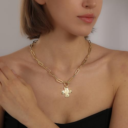Chunky Cross Necklace for Women Trendy 14K Gold Silver Plated Statement Big Cross Pendant Paperclip Chain Charm Necklaces Religious Faith Easter Basket Stuffers Baptism Costume Jewelry Gift - color: Gold-Toggle-1 inch pendant