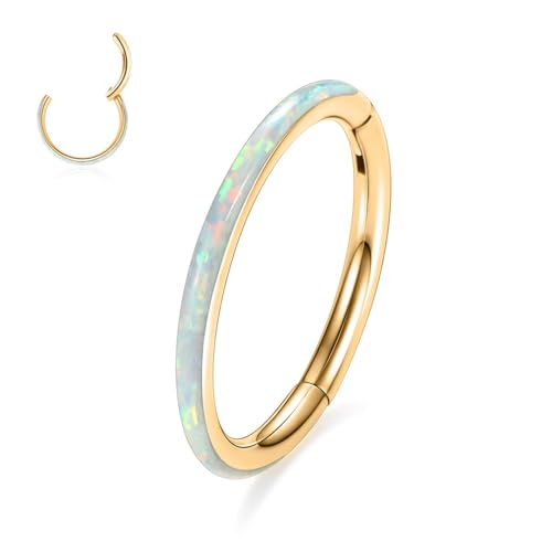 PEAKLINK Hinged Nose Hoop Ring Surgical Steel Conch Cartilage Helix Lobe Earring for Septum Lip Tragus Daith Rook Orbital Belly Nose Piercing Jewelry - color: Gold with White Opal