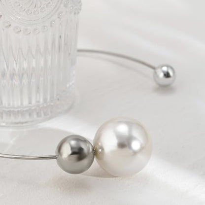 14K Gold Plated Large Pearl Open Necklace for Women | Simple Statement Pearl Open Geometric Bead Choker Necklace Modern Party Anniversary Club Jewelry Gifts - color: Silver