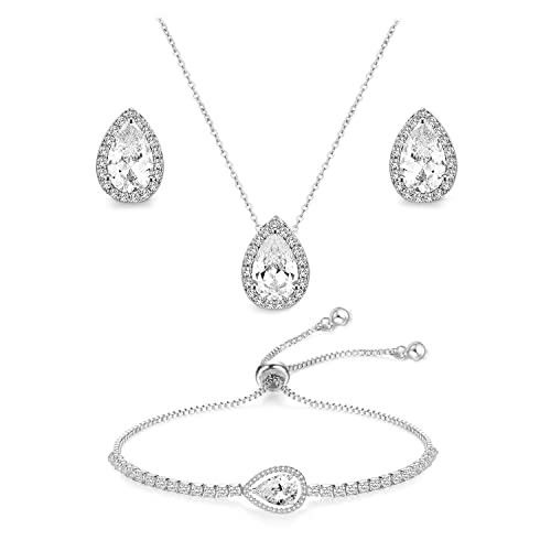 Teardrop Cubic Zirconia Jewelry Set Necklace Earrings Bracelet Bridal Wedding Jewelry for Women Bridesmaid Prom Party - color: 3 Set - White Gold Plated