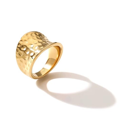 Wide Statement Hammered Band Rings for Women and Men，High 14K Gold Plated Polish Large Thumb Index Full Finger Rinds Size 5-10（Gold and Silver） - color: Gold