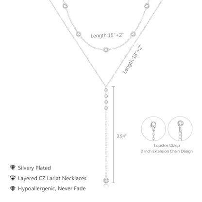 Luxval Lariat Silver Necklace for Women, Dainty Long Necklace Silver Y-Shaped Pendant Necklaces Trendy Beaded Chain Drop Necklaces Jewelry for Women Gifts - color: Silver-Layered 4CZ Y Necklace