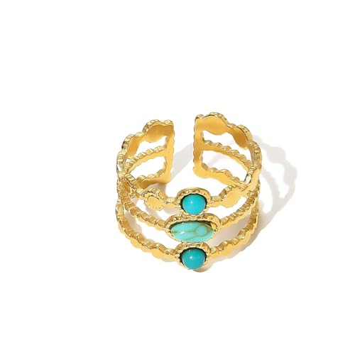 Todenb Turquoise Ring for Women，Gold Western Turquoise Open Ring Boho Stainless Steel Moon and Star Band Wrap Knuckle Rings Western Country Fashion Jewelry Accessories - color: oval