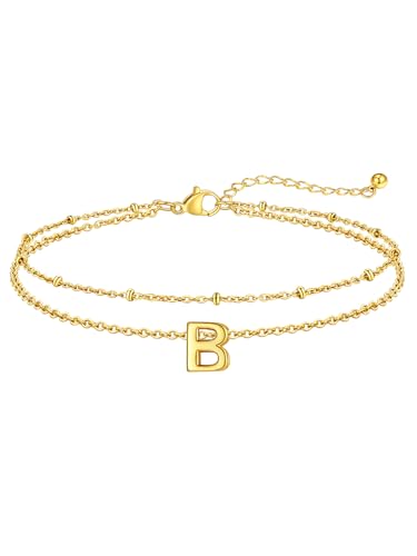 FaithHeart Initial Ankle Bracelets for Women, Waterproof 14k Gold Plated Initial Anklets Non Tarnish Stainless Steel Cute Layered Anklet Summer Beach Jewelry - color: Gold, size: Initial B