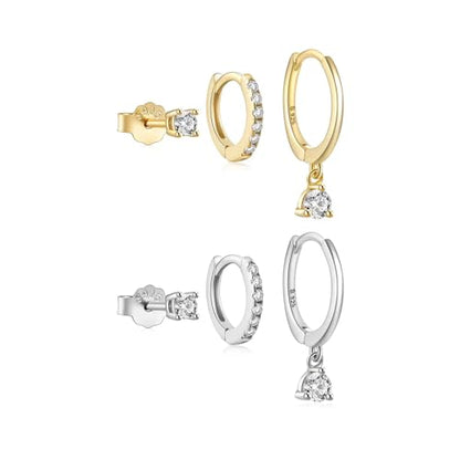 2 Pairs Gold/Silver Hoop Earrings For Women Set Trendy,14K Plated Gold Chunky Huggie Hoop Earings Pack,Oval Twisted Statement Silver Hoops,Fashion Jewelry Gift - color: B12 Stackable style 6 pair CZ set