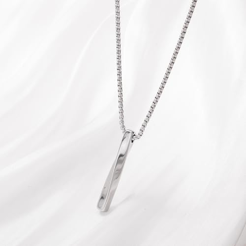 18K Gold Plated Minimalist Twisted Bar Pendant Necklace for Men and Women, Sleek Geometric Vertical Stick Jewelry with Stainless Steel Box Chain, Modern Unisex Design in White Gold Finish