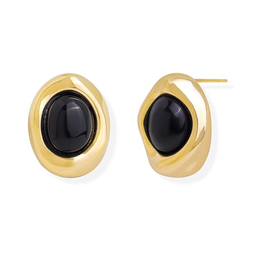 Jean Beau Chunky Gold Stone Stud Earrings for Women, Trendy Natural Gemstone Hypoallergenic Earing Valentine Jewelry Gift - color: Black