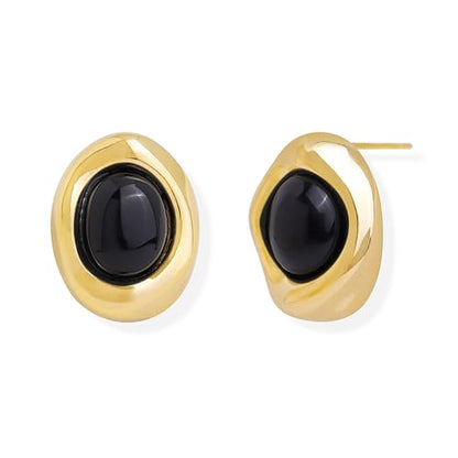 Jean Beau Chunky Gold Stone Stud Earrings for Women, Trendy Natural Gemstone Hypoallergenic Earing Valentine Jewelry Gift - color: Black