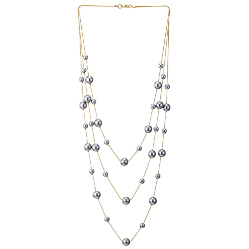 Statement Necklace Three-Strand Long Chains with Synthetic Pearl Beads, Elegant, Dress - color: D-Beads Color: Grey