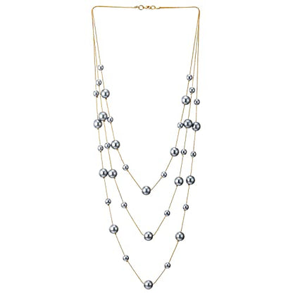 Statement Necklace Three-Strand Long Chains with Synthetic Pearl Beads, Elegant, Dress - color: D-Beads Color: Grey