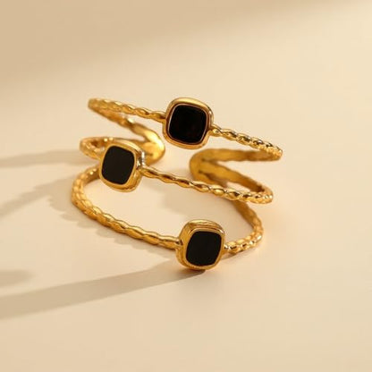 Layered Open Statement Ring Enamel Square Geometric Rings for Women Stainless Steel 18K Gold Plated Adjustable Finger Bands Stackable Comfort Fit Wedding Engagement Fashion Jewelry - color: Black
