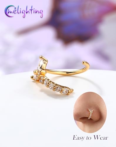 Melighting 20G Butterfly Nose Ring Hoop 8 mm Open Seamless Nose Piercing Jewelry Surgical Steel 316L, Twist Nostril Ring with Marquise and Round CZ, Silver Flower Body Piercing for Women - style: Butterfly Gold