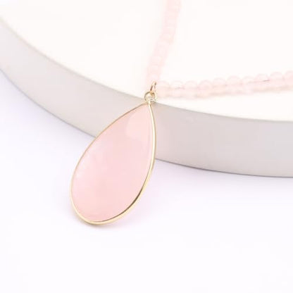 BaubleStar Teardrop Natural Crystal Healing Stone Pendant Necklace | Birthstone Quartz Necklace for Women, Multi-Color Available - color: Rose Quartz/Beaded Chain