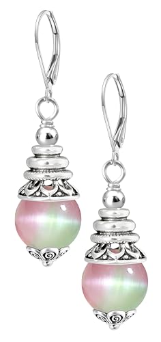 Natural 10mm Stone Beads Drop Earrings,Retro Silver Round Quartz Crystal Gemstone Beads Dangle Earrings for Women - color: A05_Colorful Cat-Eye Quartz
