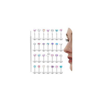 Nose Rings Studs Flat Back Earrings Hypoallergenic - Threadless Surgical Steel Nose Ring Studs Cartilage Earring Monroe Nostril Labret Medusa Tragus Conch Helix Piercing Jewelry for Women Men 28Pcs - size: 16G-6MM
