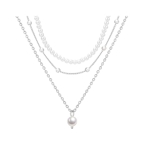 DIBOLA Gold Jewelry Set for Women, Dainty Layered 14K Gold/Silver Pearl Choker Necklaces and Earring Set Pearl Earrings Bracelets Wedding Bride Jewelry - color: 3 layered-silver