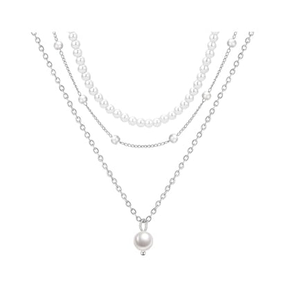 DIBOLA Gold Jewelry Set for Women, Dainty Layered 14K Gold/Silver Pearl Choker Necklaces and Earring Set Pearl Earrings Bracelets Wedding Bride Jewelry - color: 3 layered-silver