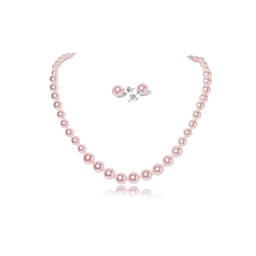 Pearl Necklace and Earring Set for Women Costume Jewelry Set | Elegant Outfit Matching, Wedding Bridesmaid Prom Gifts - style: Pink 18 inches