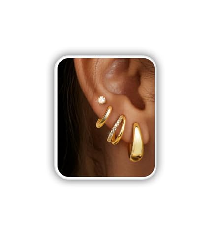 4 Pairs 14K Gold Plated Chunky & Dainty Huggie Hoop Earrings Set | Hypoallergenic Earrings for Sensitive Ears, Stackable Non Tarnish Earring Hoops for Cartilage Lobe Tragus Multiple Piercings - color: A-14k Gold -4 Pairs