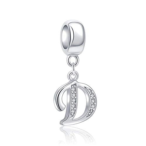 925 Sterling Silver Charms Alphabet Beads fit Pandora Charm Bracelets A-Z Letter Initial Spacer Dangle Clear CZ Stone Authentic for Snake Chain Bracelets - color: D