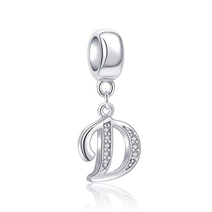 925 Sterling Silver Charms Alphabet Beads fit Pandora Charm Bracelets A-Z Letter Initial Spacer Dangle Clear CZ Stone Authentic for Snake Chain Bracelets - color: D