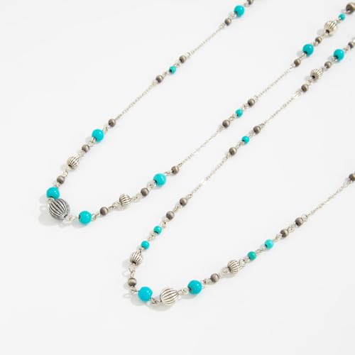 Long Pearl Necklaces for Women Pearl Long Chain Necklace Gold Chain Dainty Delicate Station Necklace Jewelry for Dress Party - color: 2Layer Turquoise