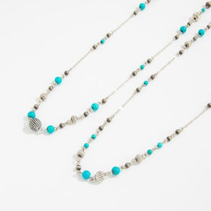 Long Pearl Necklaces for Women Pearl Long Chain Necklace Gold Chain Dainty Delicate Station Necklace Jewelry for Dress Party - color: 2Layer Turquoise
