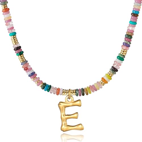 YOUFENG Initial Letter Necklaces for Women Colorful Beaded Gemstone Choker 14K Gold Plated Bamboo Letter Pendant Necklace Natural Stone Handmade Jewelry Gift - color: E